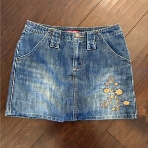 Faded Glory Blue Denim Mini Skirt with Floral Embroidery